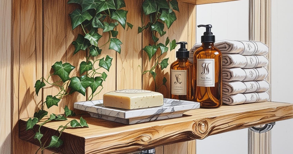 Dans une salle de bain style campagne chic, gros plan sur une étagère murale en bois brut. Un savon artisanal est posé sur un porte-savon en marbre blanc veiné. À côté, des flacons d'apothicaire en verre ambré contiennent des huiles de bain. Une petite plante retombante déborde d'un pot en terre cuite patinée. Une pile de petites serviettes d'invités en lin, pliées avec soin, révèle un délicat monogramme brodé.