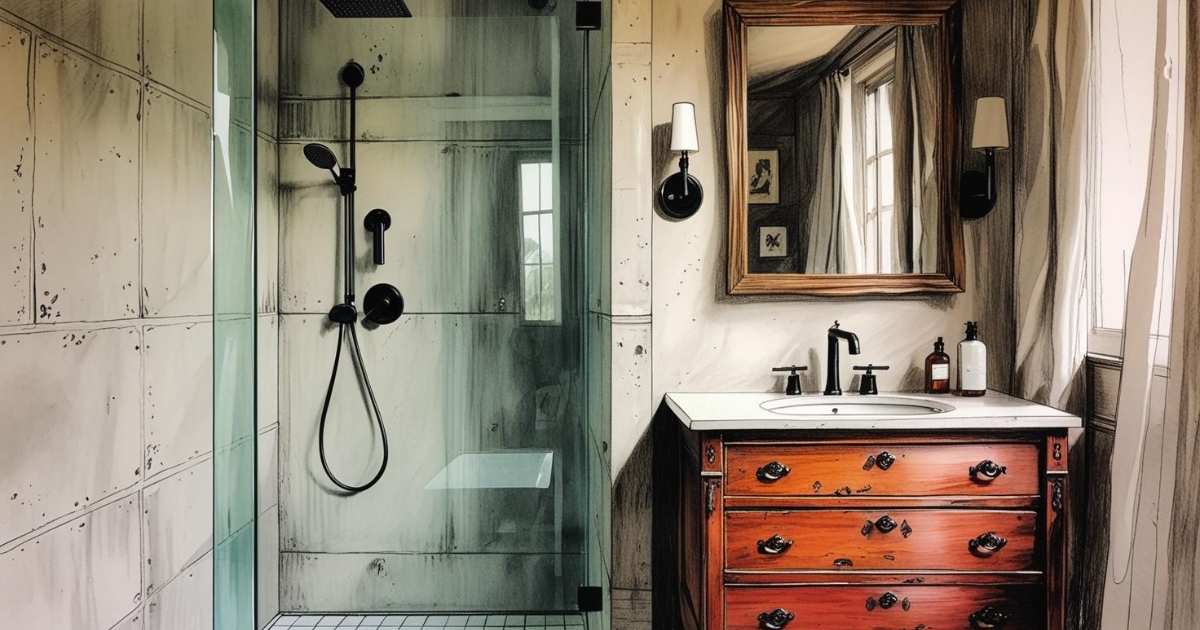 Vue en angle dans une salle de bain style campagne chic, montrant la rencontre de deux époques. Une douche à l'italienne ultra-moderne avec des parois de verre épurées et une robinetterie design en noir mat. Le mur du fond de la douche est en béton ciré. Juste à l'extérieur de la douche, une ancienne commode de famille en bois de cerisier, patinée par le temps et transformée en meuble vasque, apporte sa chaleur et son histoire. Le contraste entre le béton lisse et froid et le bois chaud et vivant est saisissant.