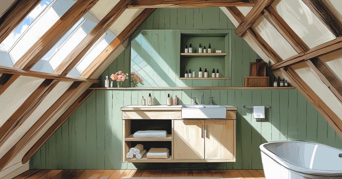 Perspective d'une petite salle de bain de style campagne chic sous les combles, baignée de la lumière d'un velux. Pour optimiser l'espace, un meuble vasque compact et suspendu en bois clair libère le sol. Au-dessus, une niche murale, peinte en vert sauge, est aménagée avec des étagères en verre pour les produits de beauté. Un immense miroir sans cadre, couvrant presque tout le mur, reflète la charpente apparente et donne une impression d'espace et de profondeur infinie.