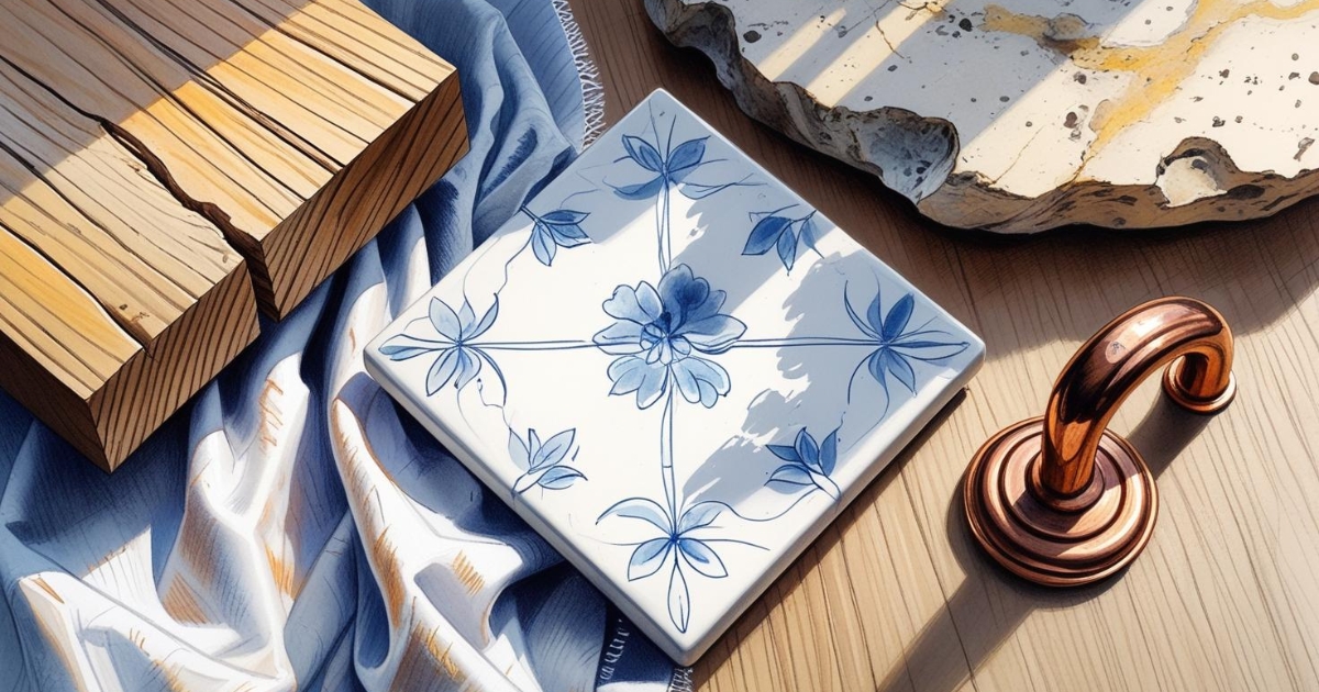 Dans une salle de bain style campagne chic, composition de matériaux 'flat lay' baignée d'une douce lumière matinale. Un carré de bois patiné aux nuances de miel et de gris repose à côté d'une dalle de travertin aux cavités naturelles. Un carreau de grès cérame aux délicats motifs floraux bleus se superpose à un coupon de lin lavé, légèrement froissé. Une poignée de meuble en cuivre vieilli, à la courbe élégante, est posée sur le bois, son éclat chaud contrastant avec la matité de la pierre.