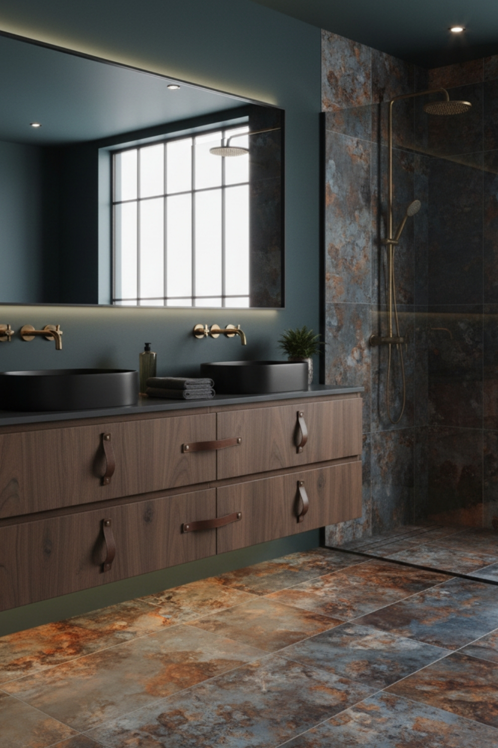 Voici une salle de bain avec un meuble-lavabo en bois foncé avec deux lavabos noirs ronds, un grand miroir et une douche avec carrelage texturé dans des tons de bleu et de rouille.