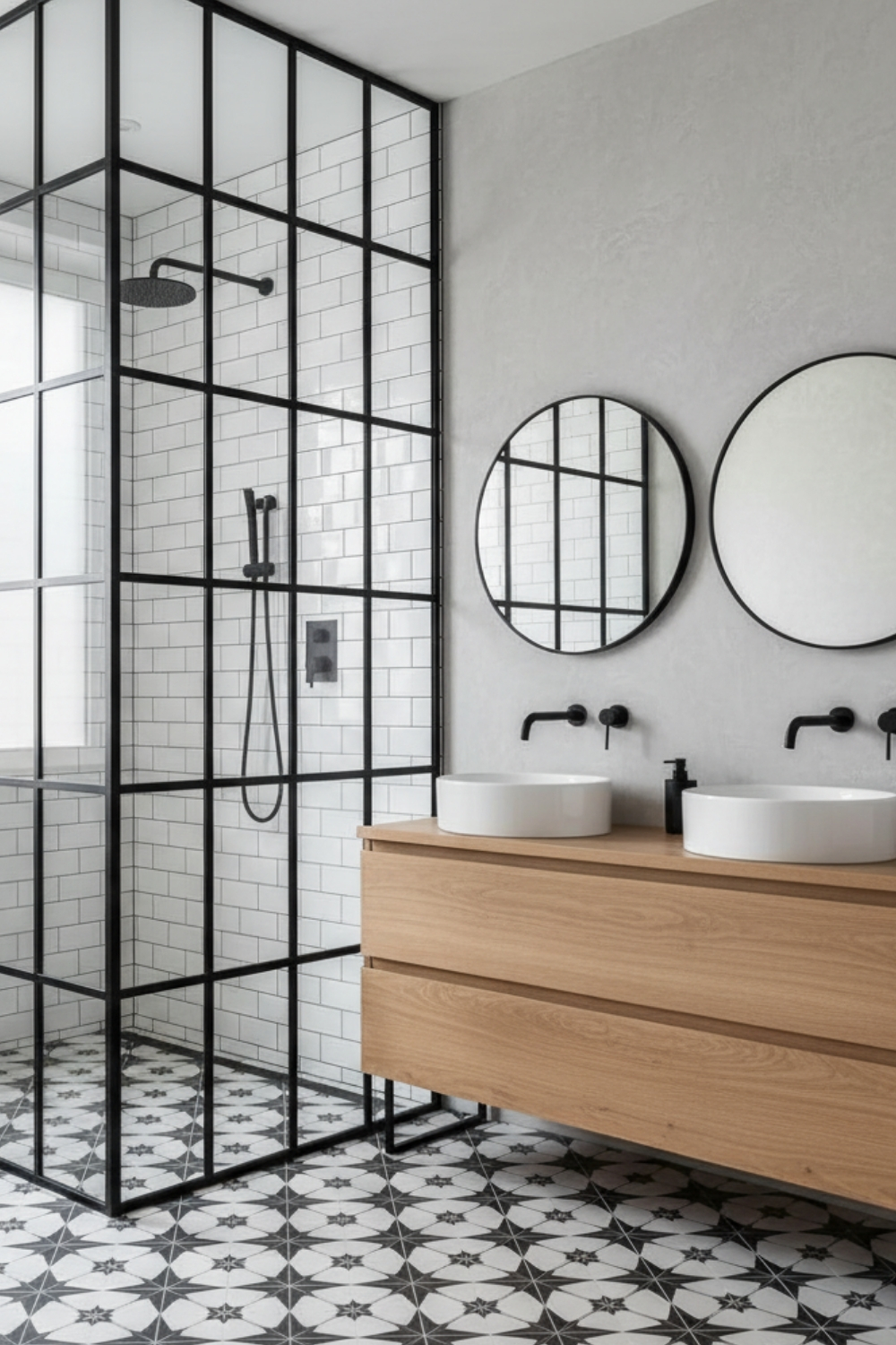 Voici une salle de bains moderne avec une douche encadrée en noir, un meuble en bois clair avec deux vasques rondes et des miroirs circulaires sur un mur gris.