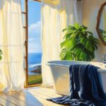 maginez la lumière douce et dorée du matin qui filtre à travers un voilage en lin blanc, inondant une salle de bain style bord de mer. Les murs, d'un blanc pur, révèlent une texture subtile d'enduit à la chaux, rappelant les maisons côtières. Le sol est un parquet à larges lattes, blanchi et légèrement usé, comme patiné par le sel et le sable. Au centre de ce tableau apaisant, une grande serviette de bain en coton nid d'abeille, d'un bleu marine profond, est nonchalamment drapée sur un tabouret robuste en bois brut. Ce point de couleur essentiel contraste avec la clarté ambiante et évoque la profondeur de l'océan. Dans un coin, une grande plante verte apporte une touche de vie, et un miroir au cadre en bois flotté reflète la scène, créant une sensation d'espace et de tranquillité infinie.