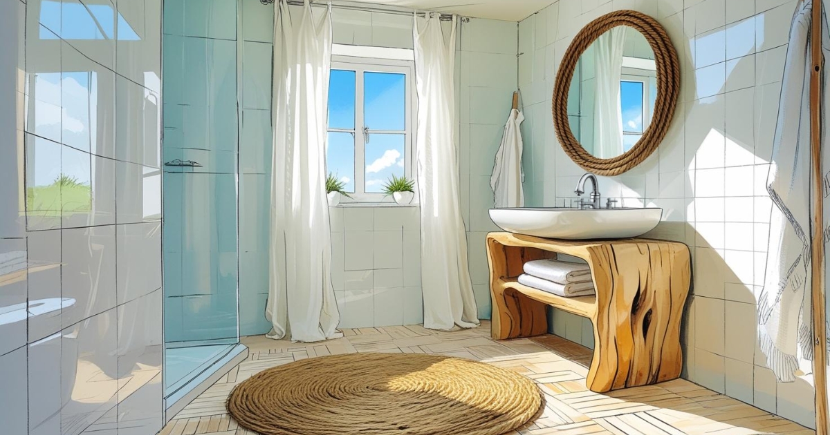 Vue d'ensemble d'une salle de bain style bord de mer, lumineuse et aérée. Les murs sont recouverts d'une faïence blanche et brillante qui capte la lumière. Le sol est un lino imitation parquet en bois blanchi, sur lequel est posé un tapis rond en jonc de mer. Un meuble sous-vasque simple en bois flotté, aux formes douces, supporte une vasque blanche. Au-dessus, un grand miroir rond est encadré d'une corde épaisse. La lumière naturelle entre à flots par une fenêtre habillée d'un simple voilage de lin blanc.