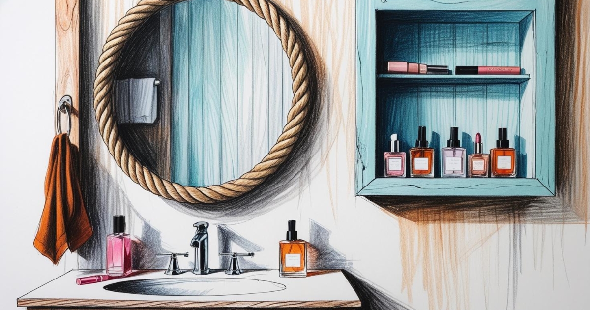 Un meuble vasque simple en bois blanchi est suspendu. Au-dessus, au lieu d'une armoire, un grand miroir rond est encadré d'un cordage épais. Sur le côté, une niche murale, tel un équipet, est peinte en bleu et contient quelques produits de beauté.