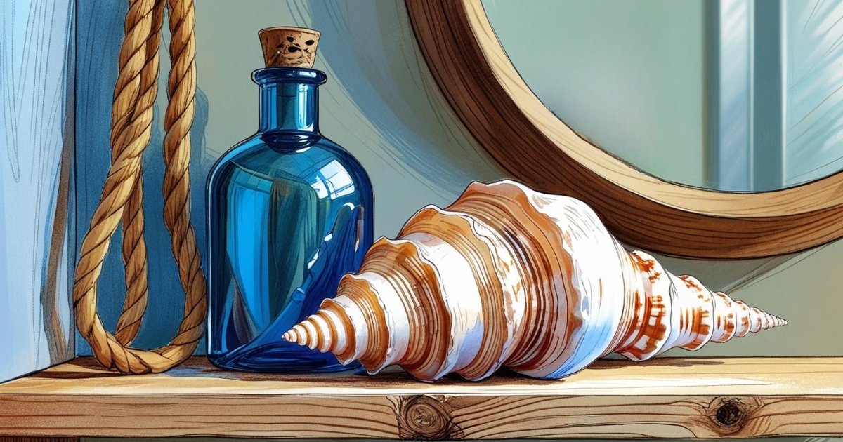Gros plan sur une étagère en bois brut dans une salle de bain style bord de mer. Un grand coquillage conique est posé à côté d'un flacon en verre bleu. En arrière-plan, un miroir est suspendu par un cordage en chanvre naturel.
