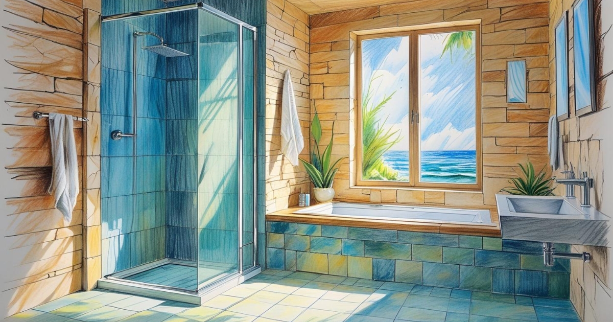 Une salle de bain ensoleillée est représentée. Une cabine de douche vitrée se tient près d'une baignoire sous une fenêtre donnant sur l'océan.