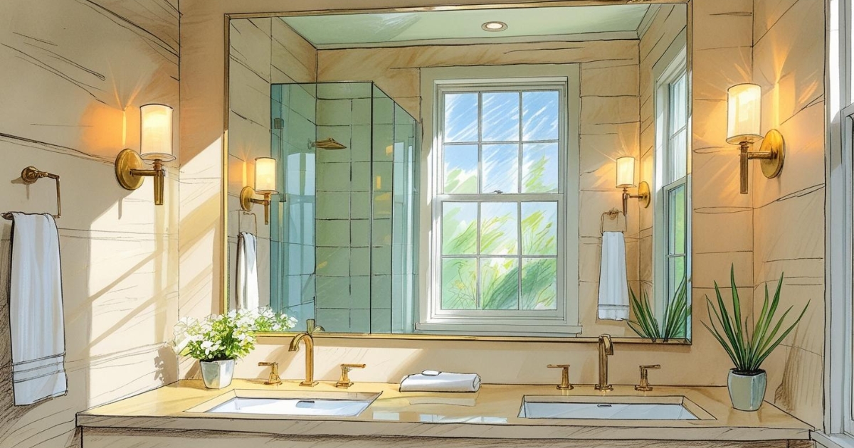 Ambiance lumineuse d'une salle de bain style bord de mer. Un grand miroir sans cadre reflète la lumière d'une fenêtre. De chaque côté, une petite applique murale en laiton brossé, au design simple et nautique, diffuse une lumière chaude.