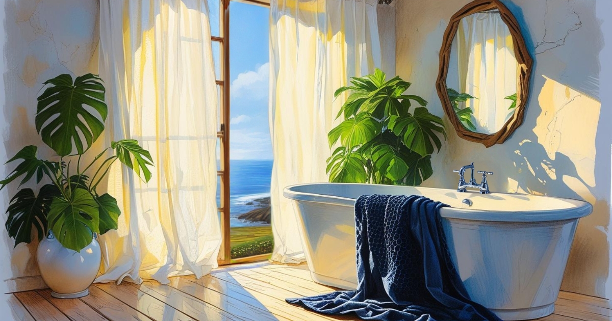 maginez la lumière douce et dorée du matin qui filtre à travers un voilage en lin blanc, inondant une salle de bain style bord de mer. Les murs, d'un blanc pur, révèlent une texture subtile d'enduit à la chaux, rappelant les maisons côtières. Le sol est un parquet à larges lattes, blanchi et légèrement usé, comme patiné par le sel et le sable. Au centre de ce tableau apaisant, une grande serviette de bain en coton nid d'abeille, d'un bleu marine profond, est nonchalamment drapée sur un tabouret robuste en bois brut. Ce point de couleur essentiel contraste avec la clarté ambiante et évoque la profondeur de l'océan. Dans un coin, une grande plante verte apporte une touche de vie, et un miroir au cadre en bois flotté reflète la scène, créant une sensation d'espace et de tranquillité infinie.
