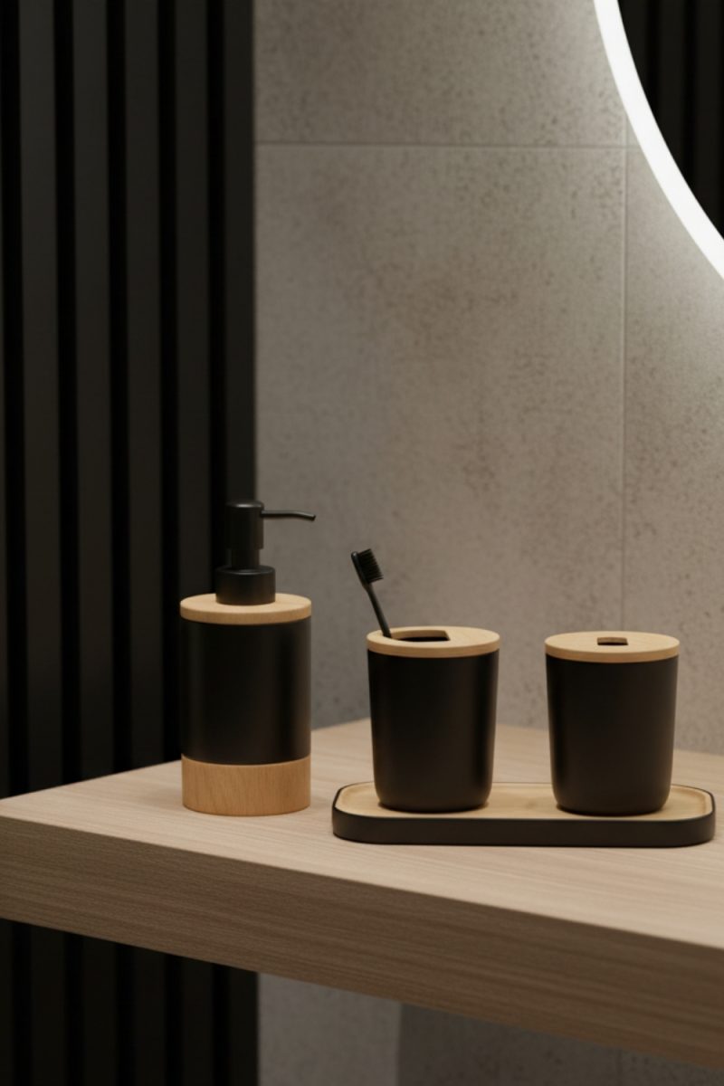 Un ensemble d'accessoires de salle de bain noirs et bois repose sur une étagère en bois clair, devant un mur gris et une paroi verticale rayée noire.