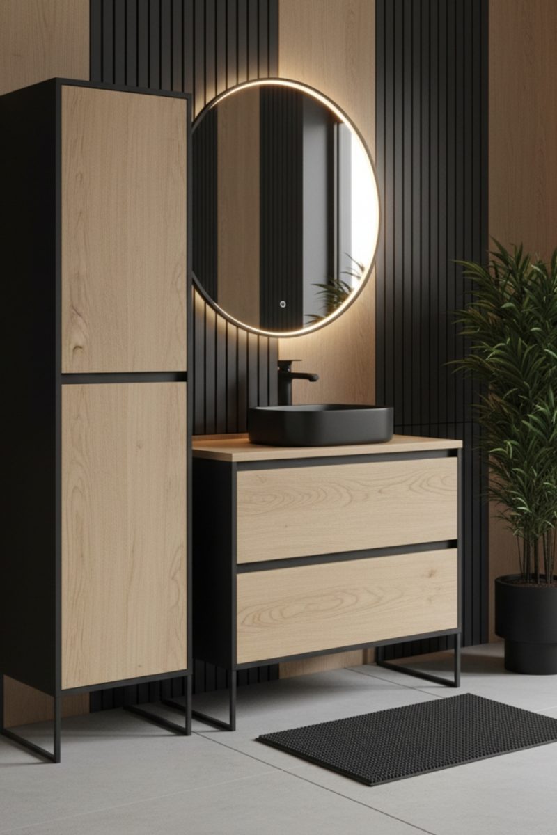 Un ensemble de salle de bain moderne avec un meuble de rangement en bois clair et noir, un lavabo rond noir et un miroir rond éclairé, dans une salle de bain contemporaine.