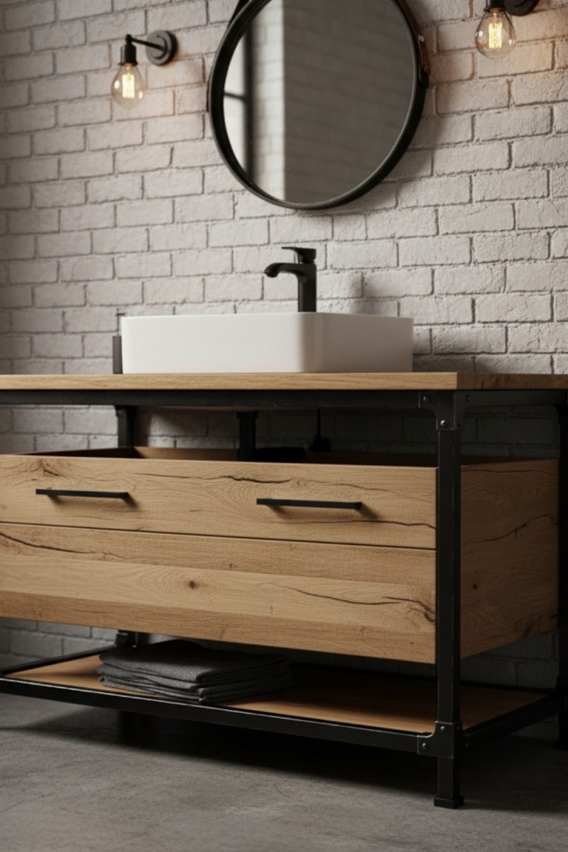 Un meuble-lavabo en bois et métal noir supporte un lavabo blanc, avec un miroir rond et des appliques murales sur un mur de briques blanches.