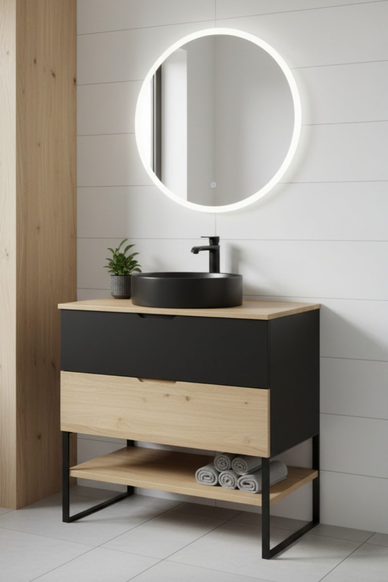 Un meuble-lavabo moderne noir et bois clair est placé dans une salle de bains épurée, avec un miroir rond éclairé au-dessus.