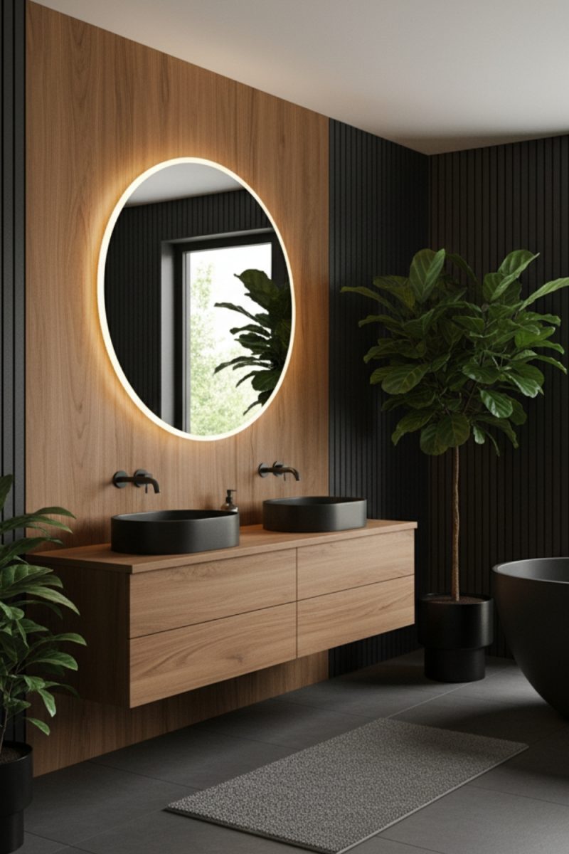 Dans une salle de bains moderne, deux lavabos noirs reposent sur une vanité en bois, éclairés par un miroir rond lumineux, avec des plantes et un tapis gris sur un sol carrelé foncé.