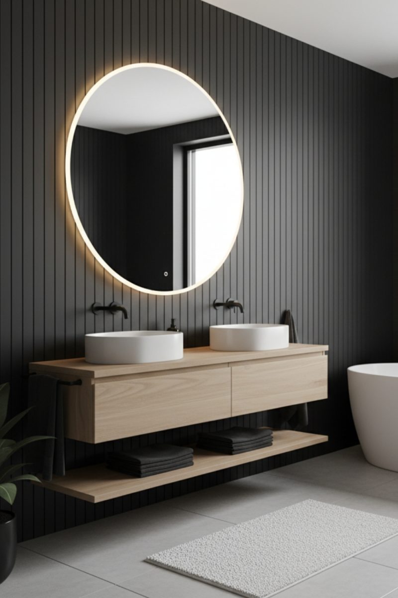Voici une description de l'image : Une salle de bain moderne présente un miroir rond éclairé au-dessus d'une double vasque en bois clair sur un mur à lambris foncé.