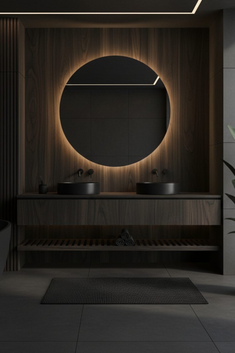Voici une salle de bain moderne, avec un lavabo double en bois sombre surmonté d'un miroir rond éclairé, et un tapis gris sur un sol carrelé.