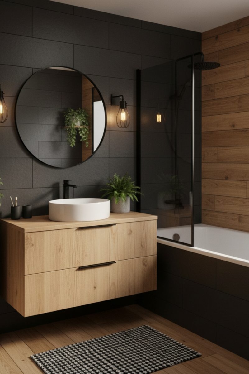 Voici une salle de bain moderne avec un meuble-lavabo en bois clair, un lavabo rond blanc et une baignoire, le tout sur un sol en bois, décorée de carreaux noirs et de bois.
