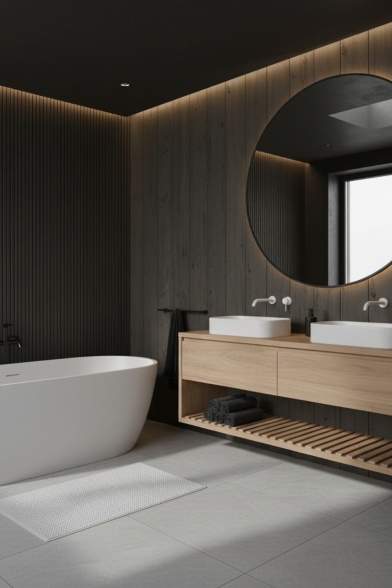 Une salle de bain moderne présente une baignoire blanche, un meuble-lavabo en bois clair avec deux vasques blanches et un grand miroir rond sur un mur en bois sombre.