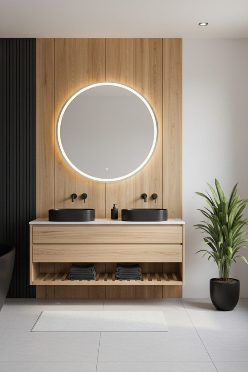 Un meuble-lavabo en bois clair avec deux vasques noires et un miroir rond lumineux est présenté dans une salle de bain moderne avec une plante verte à droite.