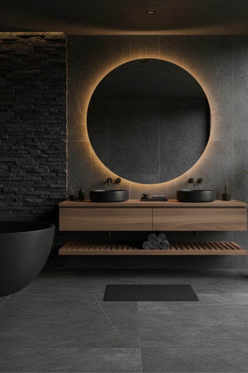 Salle de bain sombre avec meuble-lavabo double en bois clair, miroir rond éclairé, baignoire noire et sol carrelé gris, créant une ambiance moderne et élégante.