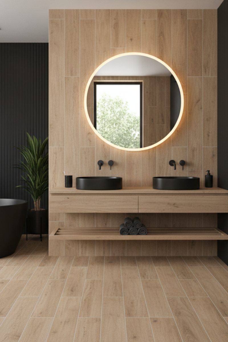 Une salle de bain moderne présente un double lavabo noir sur un comptoir en bois clair, un miroir rond éclairé et des murs en bois assortis.