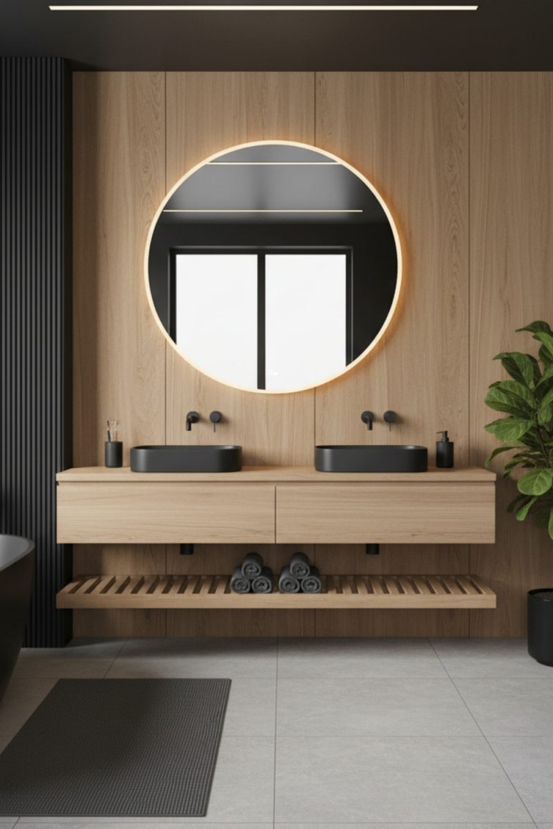 Double vasque noire et miroir rond lumineux dans une salle de bain moderne aux tons bois et gris, avec une plante verte dans un pot noir.