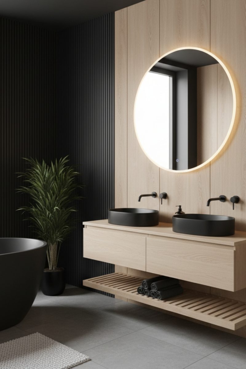 Un intérieur de salle de bain moderne présente un meuble-lavabo en bois clair avec deux lavabos noirs, un miroir rond éclairé et des murs noirs et en bois.