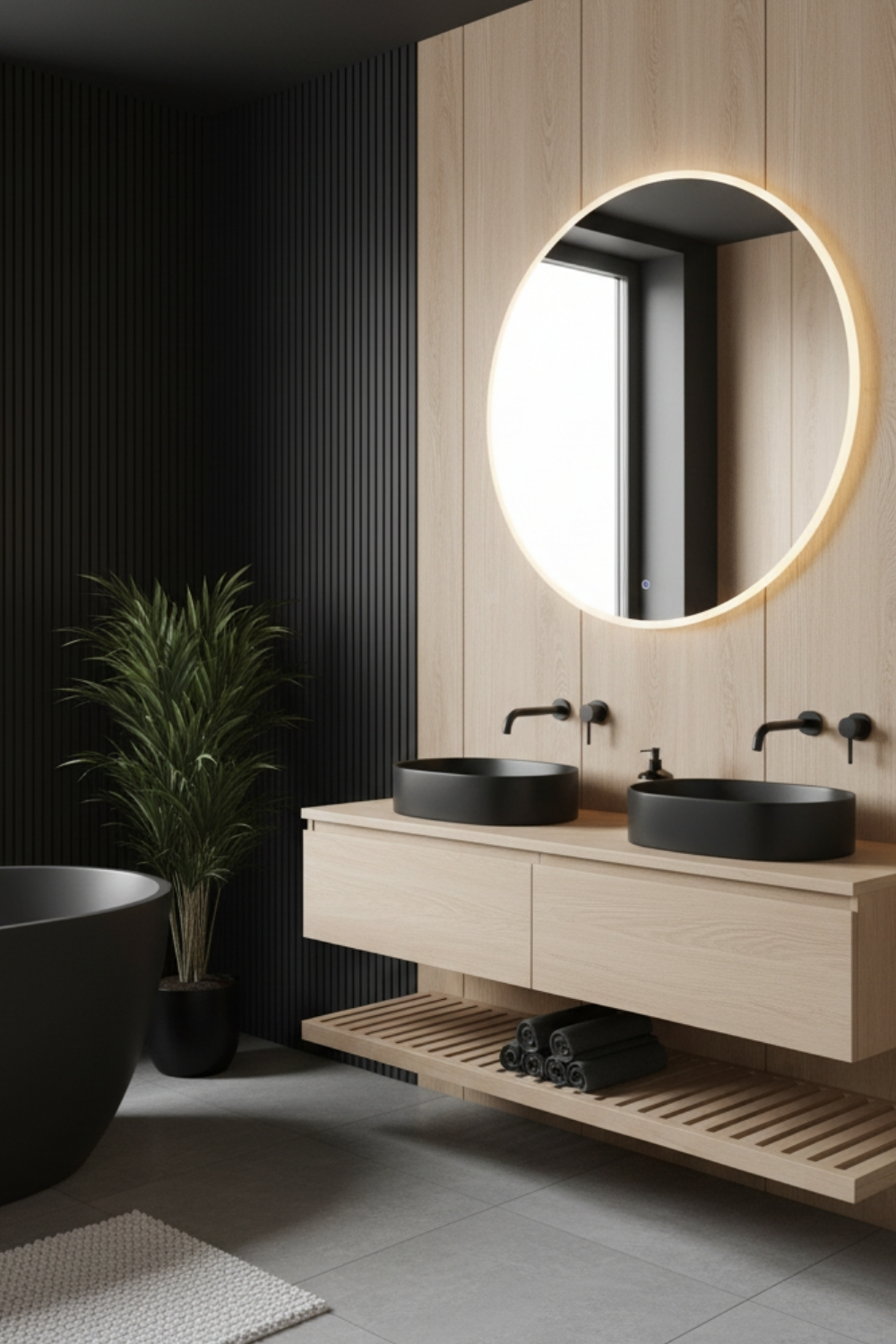 Un intérieur de salle de bain moderne présente un meuble-lavabo en bois clair avec deux lavabos noirs, un miroir rond éclairé et des murs noirs et en bois.