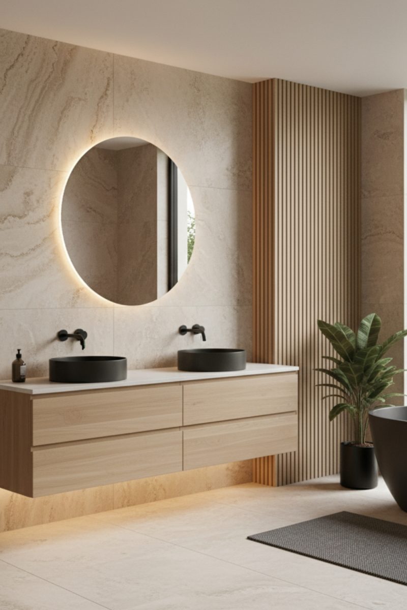 Une salle de bains moderne avec un meuble-lavabo flottant en bois clair, deux vasques noires, un miroir rond éclairé et un mur en lamelles de bois.