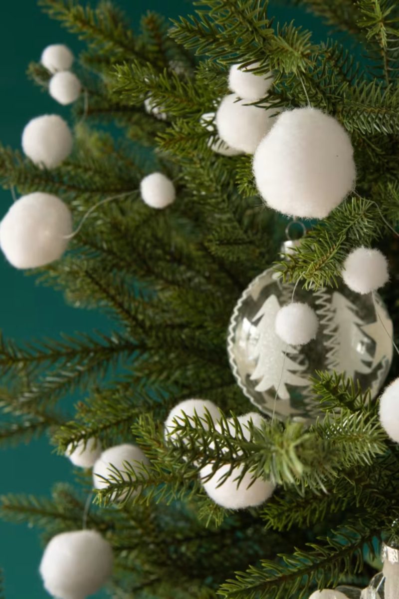 Un sapin de Noël décoré de boules blanches duveteuses et d'une boule de verre transparente avec des arbres blancs, sur un fond vert foncé uni.