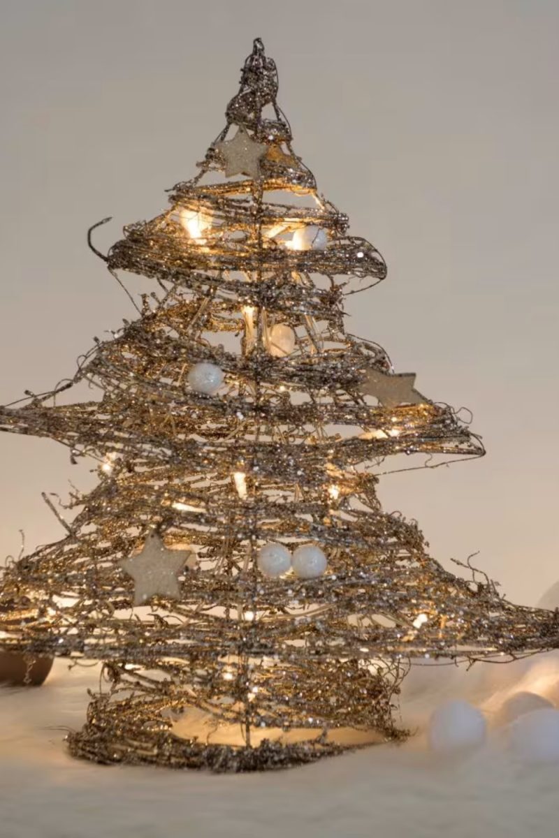 Un sapin de Noël décoratif scintillant, illuminé par des lumières, trône sur une surface duveteuse et blanche dans un intérieur chaleureux.